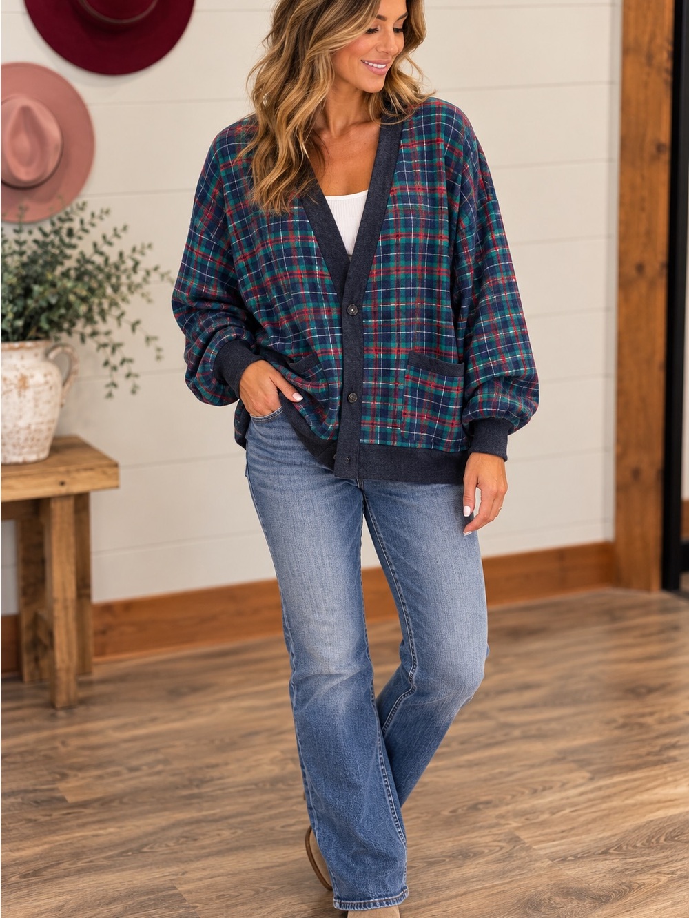 Pendleton Blue Green Plaid Wool Cardigan